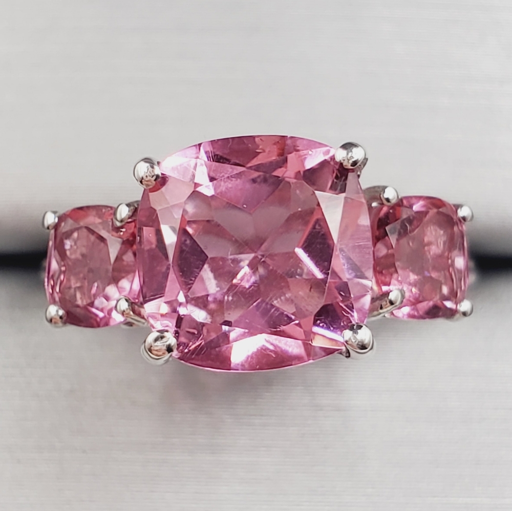 Pink Quartz Ring Three Stone Ring Cushion Cut Ring - 925 Sterling Silver Ring